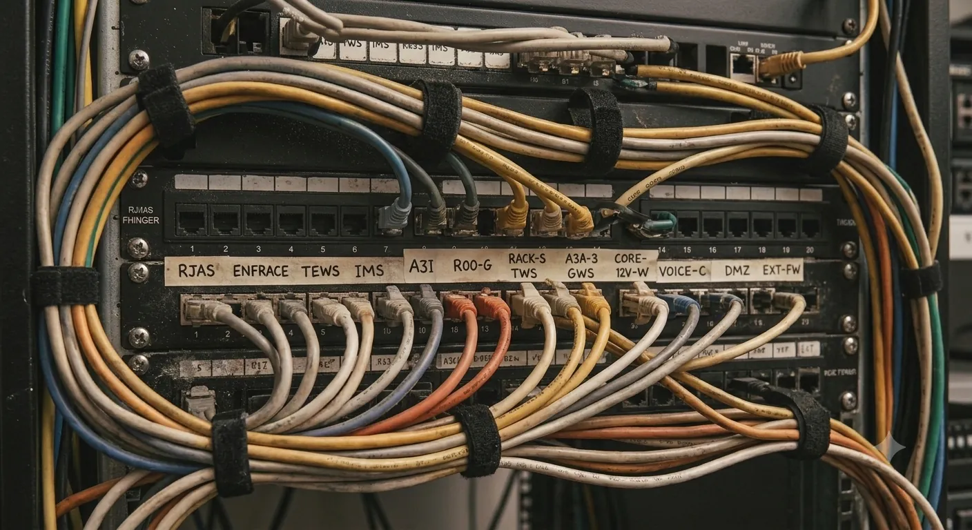 Maraña ordenada de cableado de red, cada puerto etiquetado a mano.