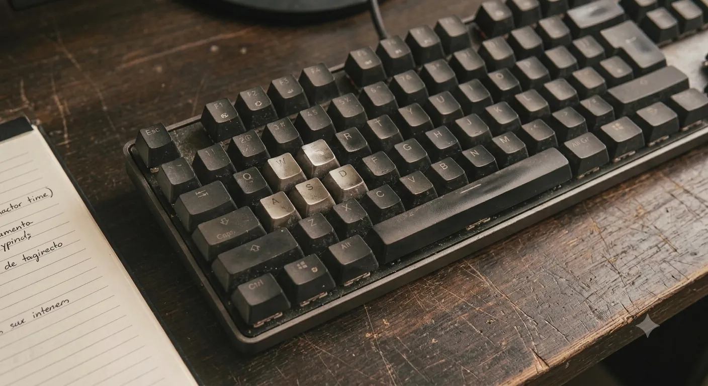 Teclado mecánico visto de cerca, con las teclas desgastadas por el uso.