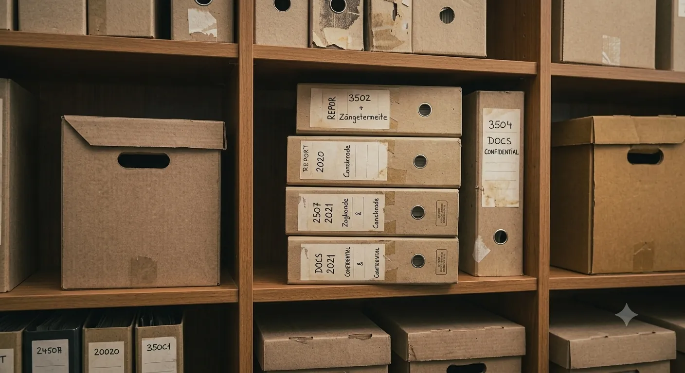 Archivadores de cartón en una estantería, con etiquetas escritas a mano que dicen Cumplimiento y años distintos.