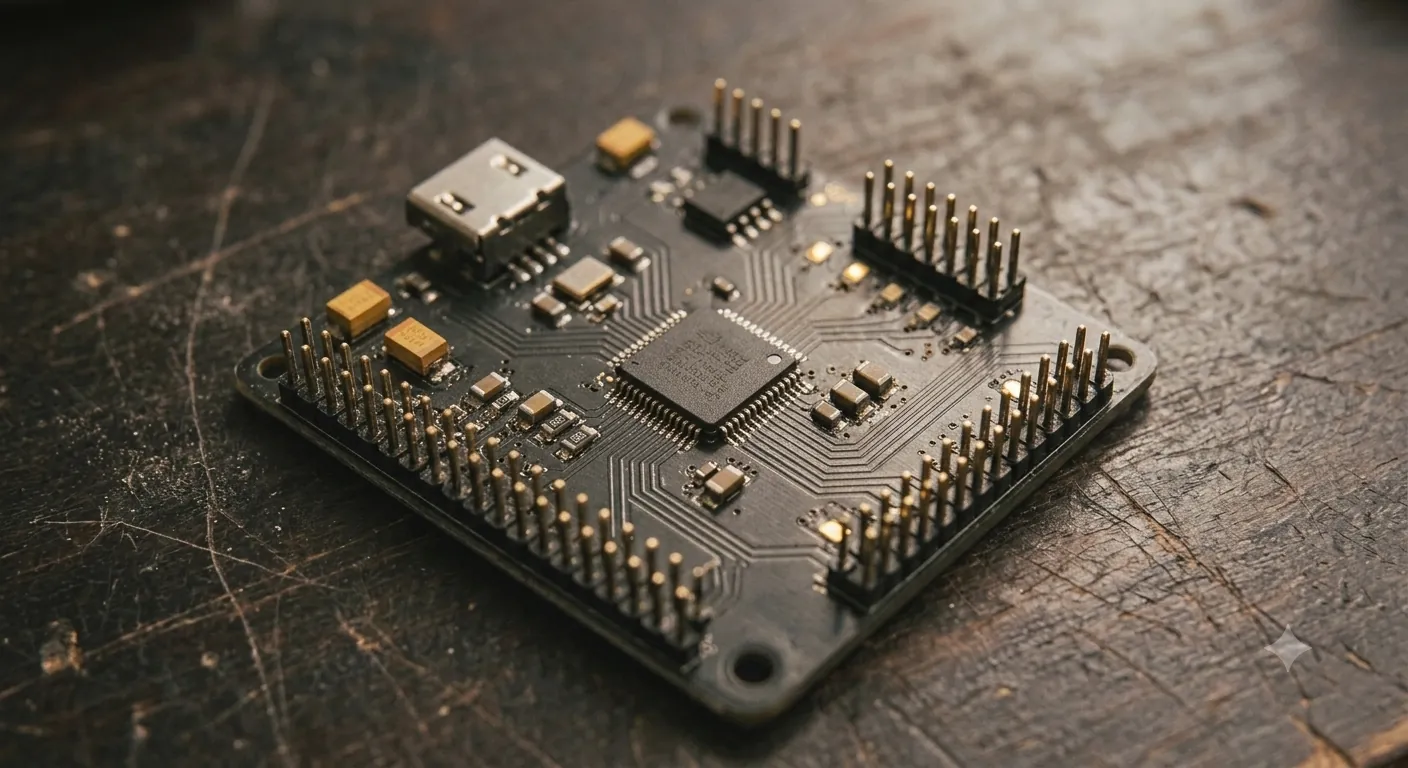 Placa de circuito electrónico con un microcontrolador y componentes soldados, en primer plano.