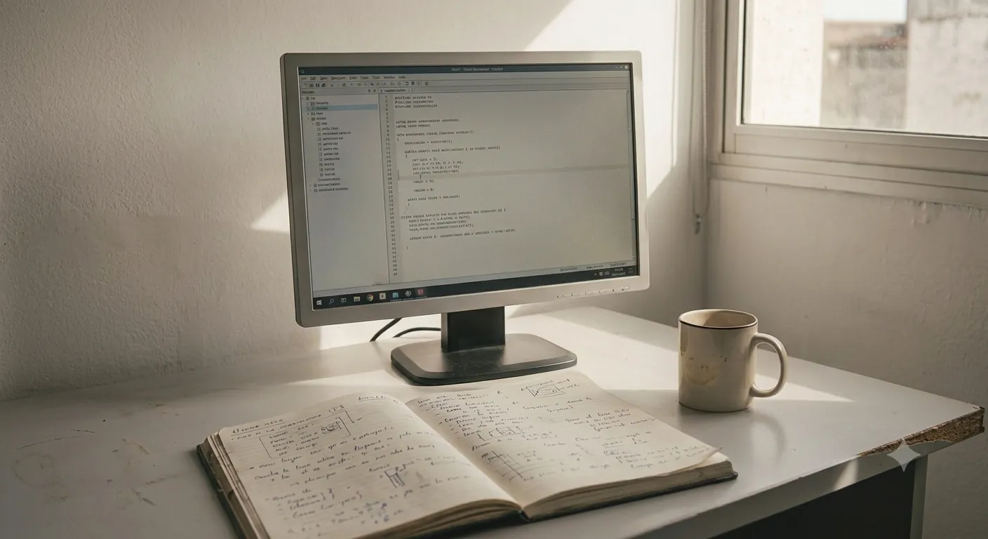 Monitor de oficina con una interfaz sencilla encendida, en una mesa de trabajo con un cuaderno y una taza, con luz de ventana.
